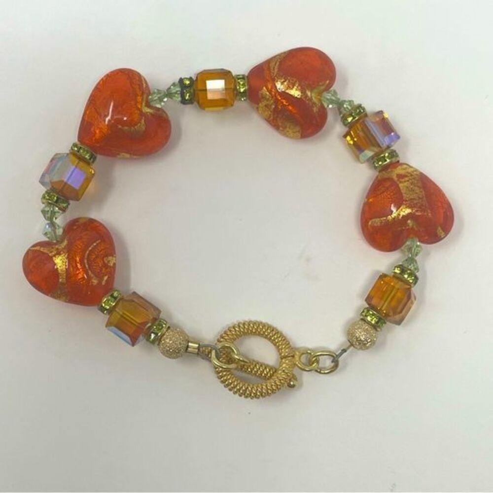 Heart Bracelet Murano Glass Swarovski Crystal, gold over 925 silver, 7.5” Orange